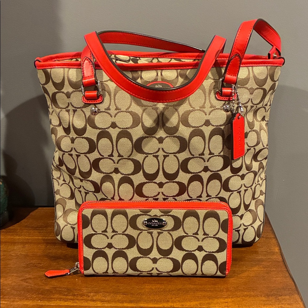 Coach Beige Signature Canvas Tote with Coral Trim and Zip Wallet